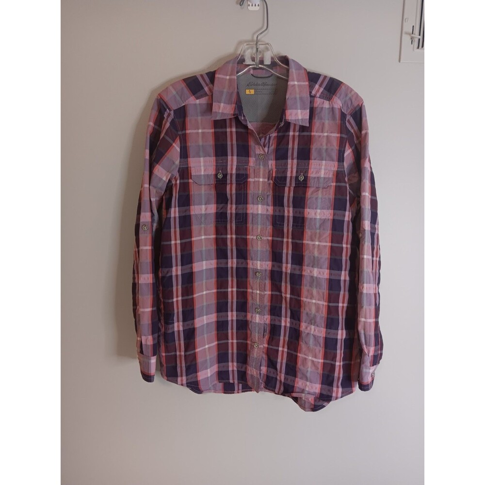 Eddie Bauer Purple Plaid Hiking Shirt Women's Small Roll-tab Sleeve  Nylon